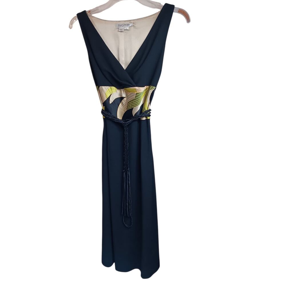 KAY UNGER New York Silk Blend Dress Size 2 Dressy Career Event Woven Belt V-Neck